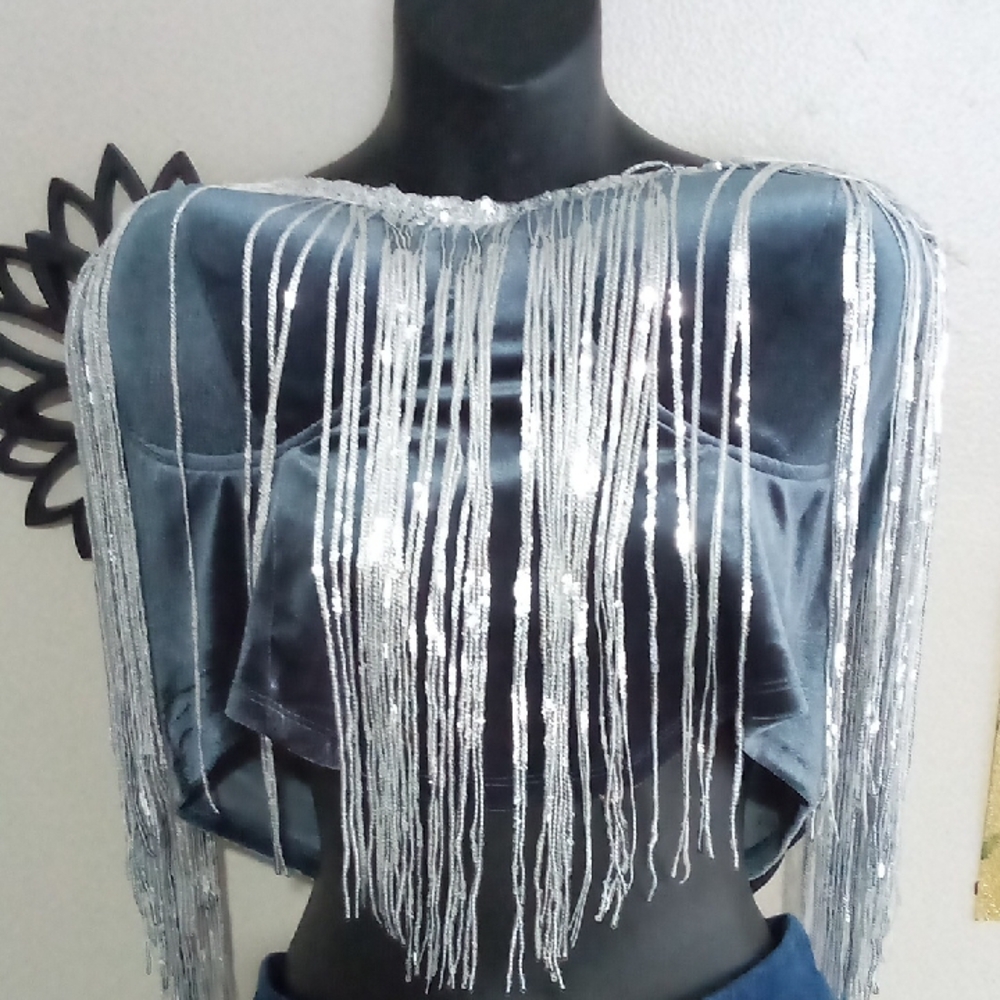 Silver Fringe Velvet Top